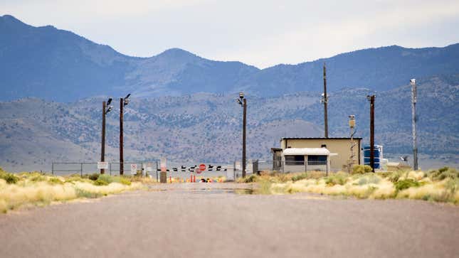 The back gate is seen at the top-secret military installation at the Nevada Test and Training Range on July 22, 2019