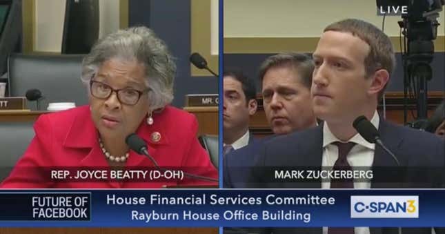 Image for article titled Rep. Joyce Beatty Presses Mark Zuckerberg Like a Panini Over Facebook&#39;s Dismal Civil Rights Record