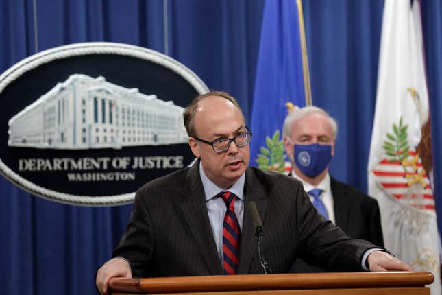 Acting Assistant U.S. Attorney General Jeffrey Clark speaks next to Deputy U.S. Attorney General Jeffrey Rosen at a news conference on October 21, 2020. 