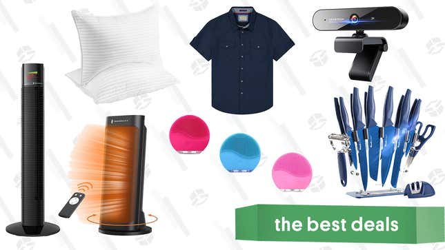 Image for article titled Saturday&#39;s Best Deals: TaoTronics Heater And Fan, 16-Piece Wanbasion Knife Set, JACHS NY Men&#39;s Tech Shirts, Luxury Hotel Pillows, 2K Webcam, Waterproof Facial Massagers, and More