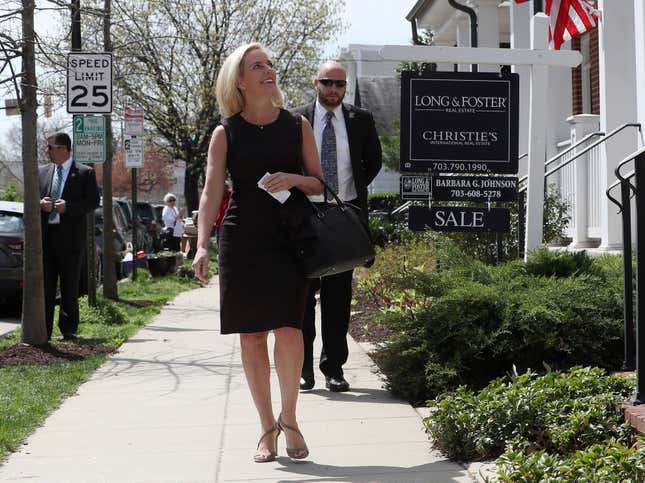 Outgoing Department of Homeland Security Secretary Kirstjen Nielsen walks out of her home to speak to the media on April 08, 2019 in Alexandria, Virginia. President Trump announced the departure of Nielson on Twitter after the two met at the White House on Sunday.