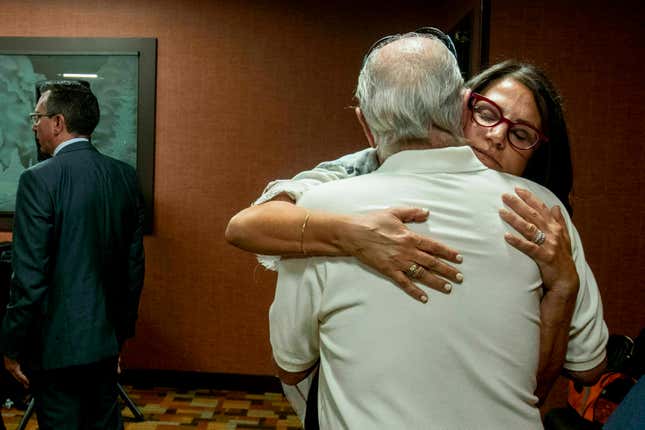 Tanya Gersh hugs her father after the hearing on July 11.