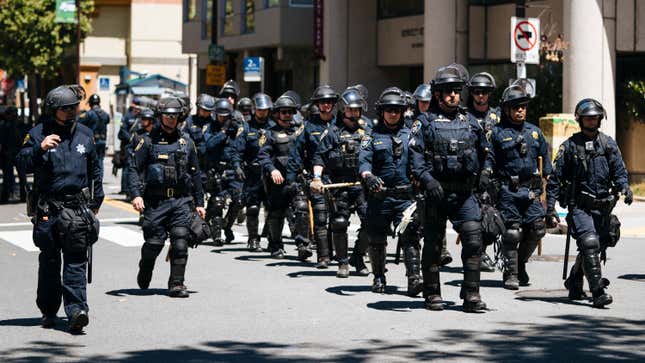 Berkeley PD peacefully engaging with the community, as seen at a 2018 protest.