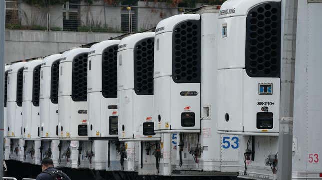 Refrigeration trucks being used as a temporary morgue are parked outside of Bellevue Hospital on April 5, 2020 in New York. - The coronavirus death toll in New York state spiked to 4,159, the governor said, up from 3,565 a day prior. The toll increase of 594 showed a slight decrease in the day-to-day number of lives lost compared to the previous day. Governor Andrew Cuomo told journalists it was too soon to tell whether the decrease from the previous record of 630 deaths in one day was statistically significant.