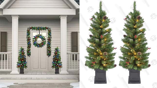 4-Foot Pre-Lit Porch Tree (Set of 2) | $50 | Bed Bath &amp; Beyond
6 Piece Pre-Lit Whimsy Greenery Set | $70 | Bed Bath &amp; Beyond