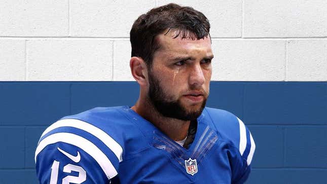 Image for article titled Tearful Andrew Luck Hugs Knees To Chest While Listening To Chuck Pagano, Ryan Grigson Fighting Downstairs