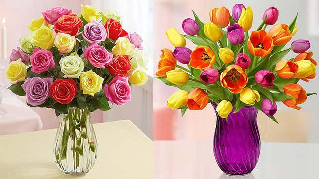 $35 24 Assorted Roses (no vase included), plus free shipping | 1800Flowers
$35 15 Assorted Tulips (clear vase included), plus free shipping | 1800Flowers