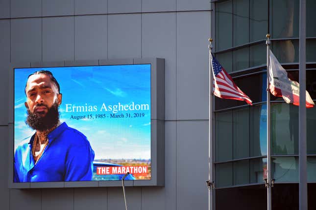 Signage of Nipsey Hussle is seen on the side of Los Angeles’ Staples Center prior to Hussle’s memorial service there on April 11, 2019.