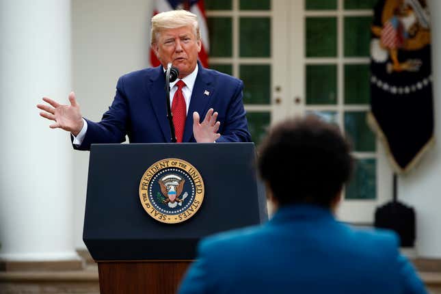 President Donald Trump berates PBS reporter Yamiche Alcindor during a coronavirus task force briefing in the Rose Garden of the White House, Sunday, March 29, 2020, in Washington.