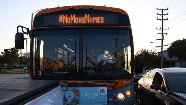 A city bus driver displays the hashtag “NoMoreNames” on top of the bus on September 1, 2020 in Los Angeles, as protestors blocked the street by the South L.A. Sheriff’s Station demanding justice for Dijon Kizzee who was shot and killed the previous day by Los Angeles Sheriff’s Deputies.