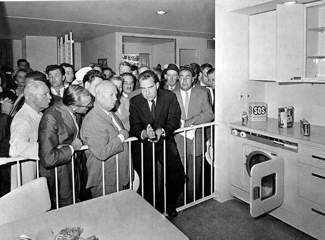 Nikita Khrushchev speaks with Richard Nixon during the “Kitchen Debate” on July 24, 1959
