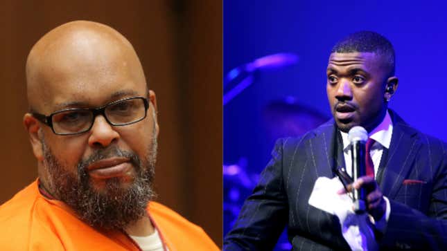 (L-R): Marion “Suge” Knight during sentencing on October 4, 2018 in Los Angeles, California. ; Ray J speaks on stage during BET music showcase Grammy Awards weekend on February 08, 2019 in Los Angeles, California. 