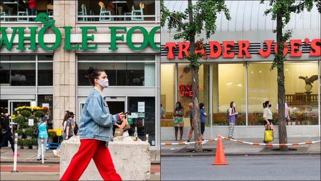 Left: exterior of a Whole Foods; right: exterior of a Trader Joe's