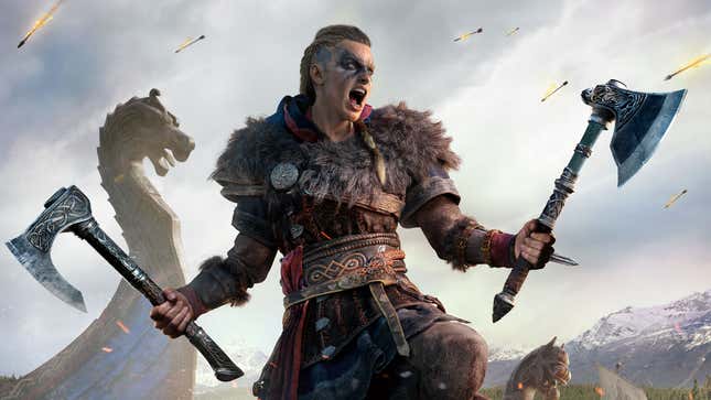 The female version of Assassin's Creed Valhalla protagonist Eivor standing with two axes in the middle of a battlefield. 