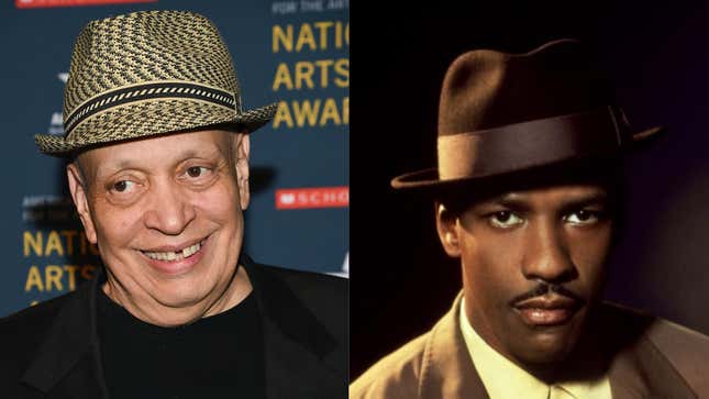 Walter Mosley, left, attends the 2018 National Art Awards in New York on Oct. 22, 2018; Denzel Washington in Devil in a Blue Dress (1995)