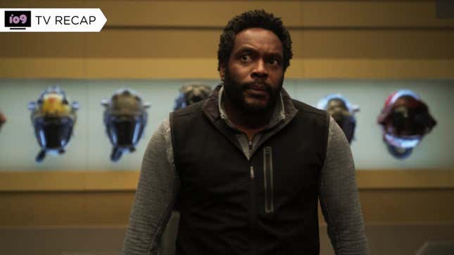 Fred Johnson (Chad Coleman) and his helmet art wall.