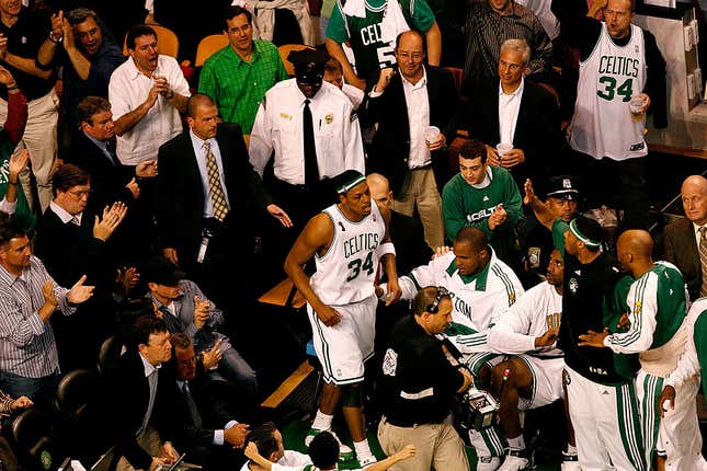 Paul Pierce #34 of the Boston Celtics returns to the court after being taken off in a wheelchair in the third quarter of Game One of the 2008 NBA Finals against the Los Angeles Lakers on June 5, 2008.