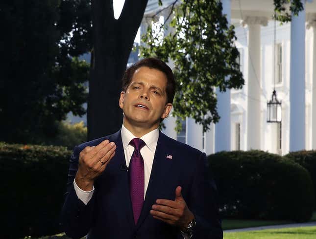 Former White House Communications Director Anthony Scaramucci speaks on a morning television show, from the north lawn of the White House on July 26, 2017 in Washington, DC.