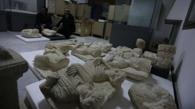 Busts from the ancient Syrian city of Palmyra awaiting restoration at the National Museum in Damascus after their recovery from the Islamic State by Syrian army troops, 2017.