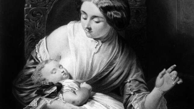 circa 1840: A mother gestures for others to be quiet as her baby sleeps. Photo via Getty Images.