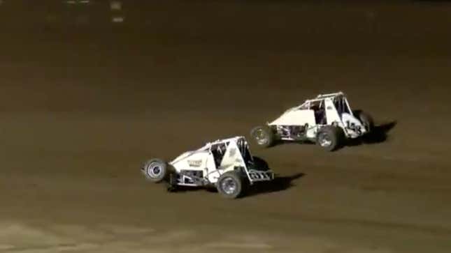 Image for article titled Sprint Car Driver Mangles Front Suspension, Still Wins Race