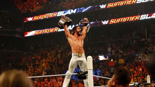 Seth Rollins celebrates his victory over John Cena at the WWE SummerSlam 2015 at Barclays Center of Brooklyn on August 23, 2015 in New York City. 