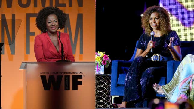 Viola Davis, left, speaks onstage at the 2019 Women In Film Annual Gala on June 12, 2019 in Beverly Hills, California. ; Michelle Obama speaks onstage during the 2019 Essence Festival Presented on July 06, 2019 in New Orleans, Louisiana. 