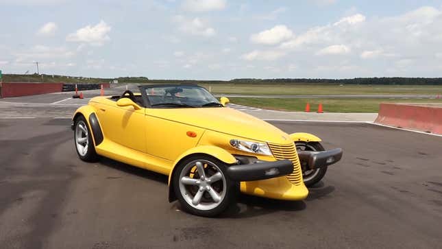 Image for article titled Here&#39;s How A Bright Yellow Plymouth Prowler Laps A Track