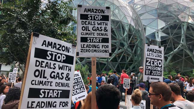 Amazon workers begin to gather in front of the Spheres, participating in the climate strike Friday, Sept. 20, 2019, in Seattle.