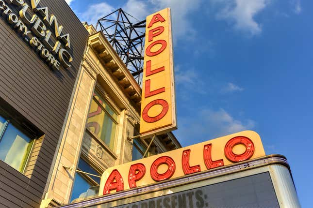  An exterior nighttime view of The Apollo Theater on January 17, 2020 in New York City. 