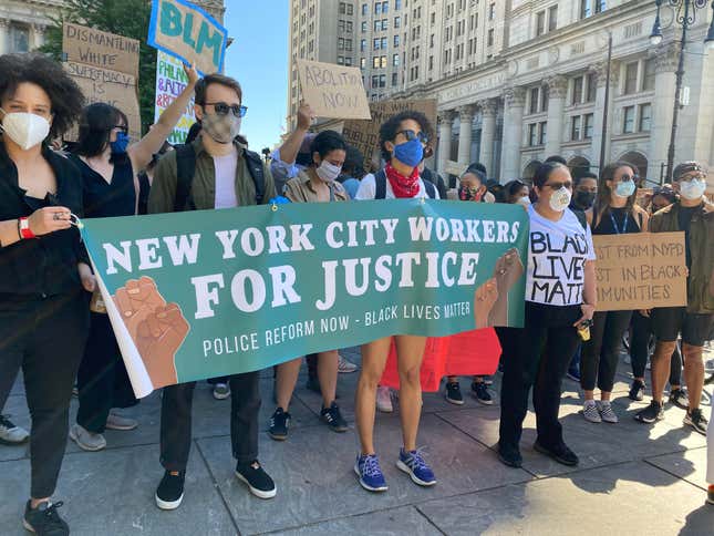 Former and current staffers for New York City Mayor Bill de Blasio stage protest against his administration on June 8, 2020.