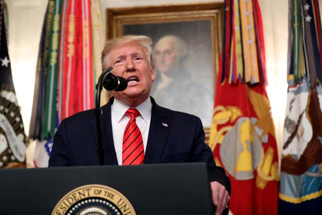 President Donald Trump speaks in the Diplomatic Room of the White House in Washington, Oct. 27, 2019