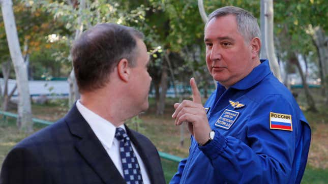 Dmitry Rogozin meeting with NASA administrator Jim Bridenstine at Baikonur cosmodrone in Kazakhstan in 2018.