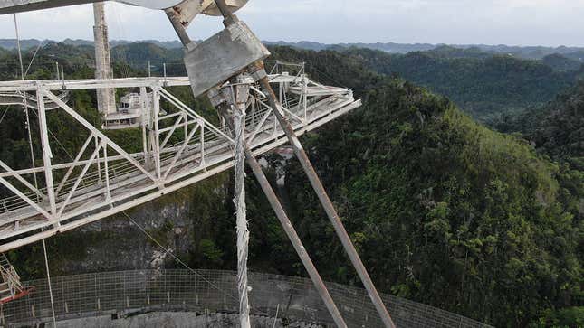 That cable doesn’t look so good. This drone photo of the Arecibo Observatory was taken after November 6, when a main cable snapped and fell onto the receiving dish below. 