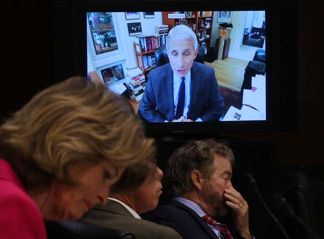 Senators listen to Dr. Anthony Fauci, director of the National Institute of Allergy and Infectious Diseases speak remotely during the Senate Committee for Health, Education, Labor, and Pensions hearing to examine COVID-19 and Safely Getting Back to Work and Back to School on May 12, 2020 in Washington,DC. 