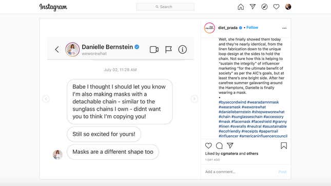 Image for article titled WeWoreWhat's Danielle Bernstein Accused of Stealing Mask Design From a Latina-Owned Brand
