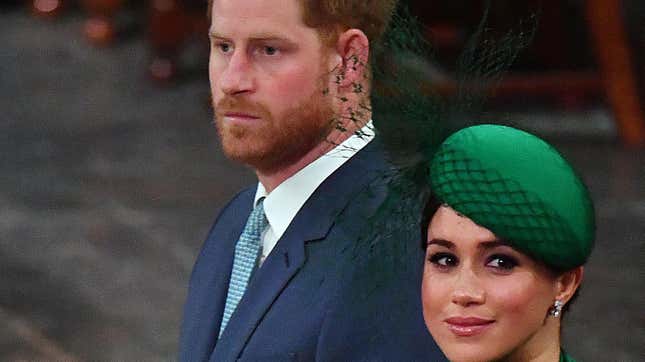 Prince Harry, Duke of Sussex (L) and Meghan, Duchess of Sussex (R) take their seats inside Westminster Abbey as they attend the annual Commonwealth Service on March 9, 2020.