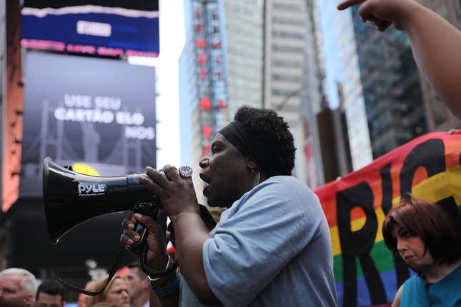  Transgender Army veteran Tanya Walker speaks to protesters in Times Square near a military recruitment center as they show their anger at President Donald Trump’s decision to reinstate a ban on transgender individuals from serving in the military on July 26, 2017 in New York City. 