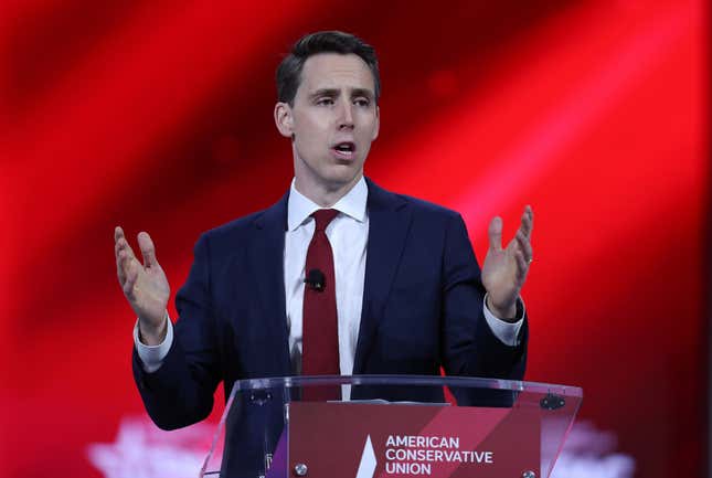 Sen. Josh Hawley (R-MO) addresses the Conservative Political Action Conference being held in the Hyatt Regency on February 26, 2021 in Orlando, Florida. Begun in 1974, CPAC brings together conservative organizations, activists, and world leaders to discuss issues important to them. 