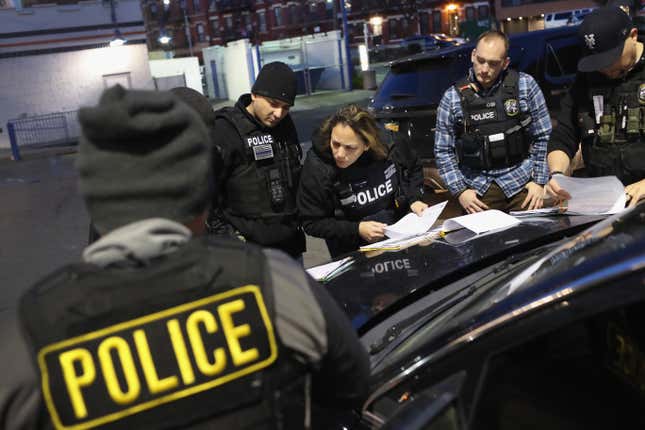 U.S. Immigration and Customs Enforcement (ICE), officers prepare for morning raids to arrest undocumented immigrants on April 11, 2018 in New York City.