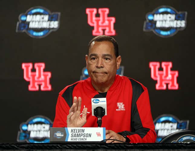 Head coach Kelvin Sampson of the Houston Cougars coaches during a practice session ahead of the NCAA Basketball Tournament Midwest Regional at the Sprint Center on March 28, 2019 in Kansas City, Missouri.