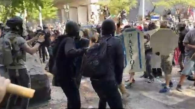 Image for article titled Portland &#39;Back the Blue&#39; Rally Erupts in Violence. Police Stand and Watch Because Fights Involved &#39;Willing Participants&#39;