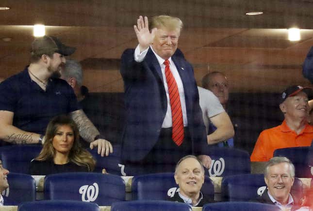 Image for article titled Donald Trump Makes Rare Public Appearance at World Series, Gets Hammered With ‘Lock Him Up,’ ‘Impeach Him’ Chants for His Trouble