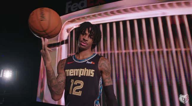 Memphis Grizzlies guard Ja Morant posing in the team’s new Soul City Edition Nike uniforms.