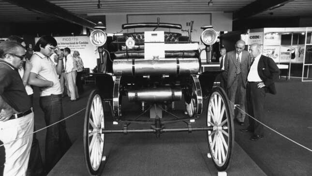 This is a photo of the original 1891 gasoline-engined Daimler automobile shown at an exhibition in Cordoba, Spain, in June 1978. In 1885, Karl Benz and Gottlieb Daimler developed an internal combustion engine, building the first motorcycle and cars using gasoline.