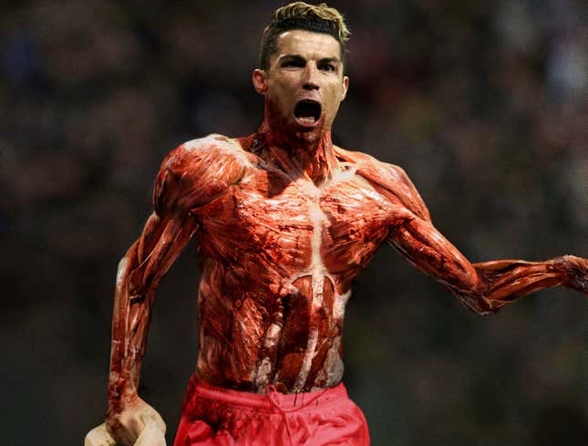 Image for article titled Overly Enthusiastic Cristiano Ronaldo Accidentally Rips Off Upper-Body Skin After Scoring Goal