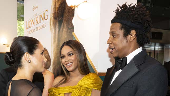 Meghan, Duchess of Sussex (L) meets cast and crew, including Beyonce Knowles-Carter (C) Jay-Z (R) as she attends the European Premiere of Disney’s “The Lion King” on July 14, 2019, in London. 