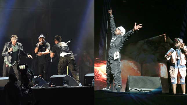 Q-Tip, Ali Shaheed Muhammad and Jarobi White of A Tribe Called Quest, left, perform at Bestival at Lulworth Castle on September 9, 2017; Andre 3000 and Big Boi of OutKast perform during the 2014 Governors Ball Music Festival on June 6, 2014.