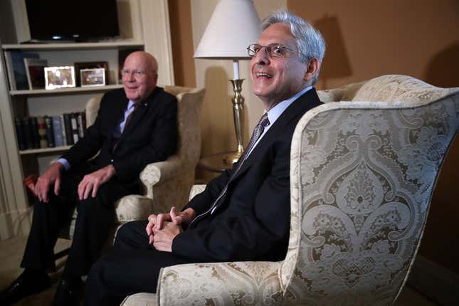 Sen. Patrick Leahy,left, (D-Vt.), ranking member of the Senate Judiciary Committee, meets with then-U.S. Supreme Court Justice nominee Merrick Garland (R) in Leahy’s office at the U.S. Capitol September 8, 2016 in Washington, D.C.