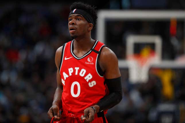 Toronto Raptors guard Terence Davis (0) in the first half of an NBA basketball game Sunday, March 1, 2020.